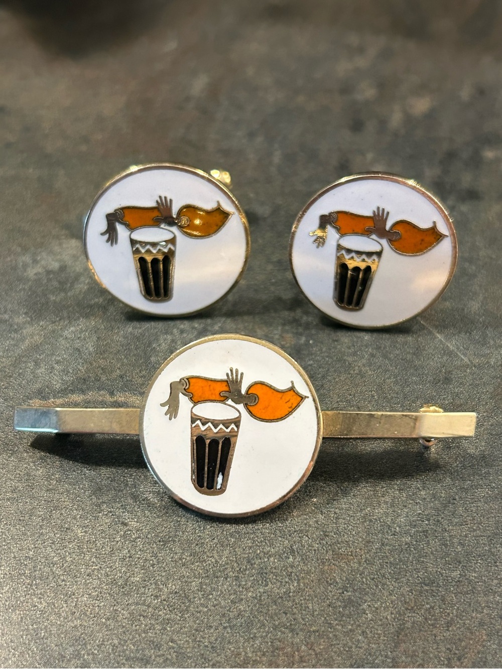 Mid-century Enamel Conga Drum Cufflinks and. tie pin